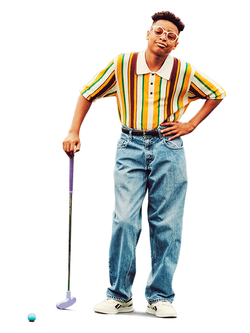 Boy in blue jeans and striped shirt holding a mini golf club